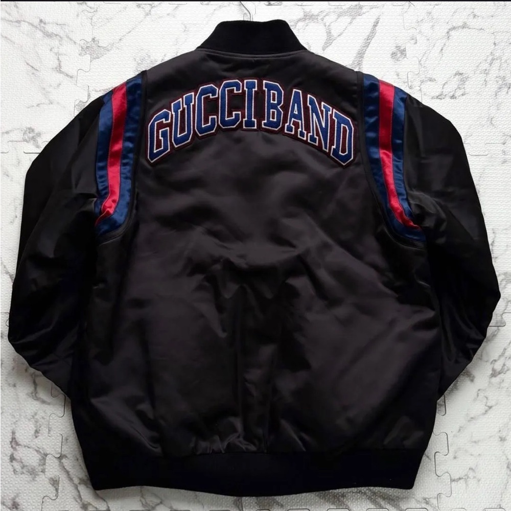 Gucci Black Bomber Jacket with Red and Blue Stripes